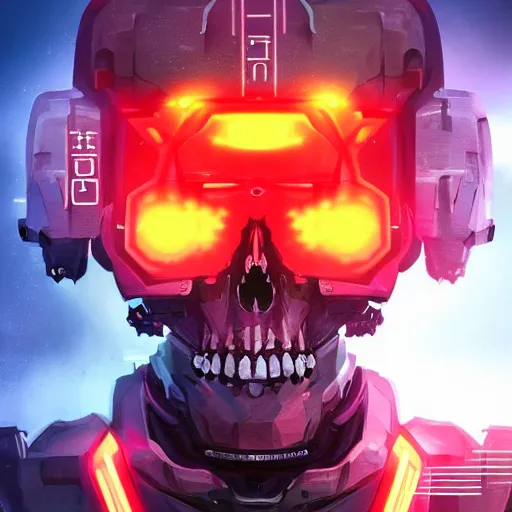 Image similar to centered hyperdetailed portrait of a mecha skull ronin, 8k, digital painting, futuristic, neon lights, trending on CG society