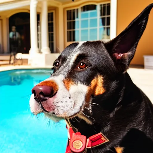 Image similar to a very detailed photo of a dog smoking a cigar outside the mansion by the pool