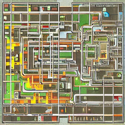 Image similar to “non Euclidean videogame map based off of Powell’s City of Books. In the style of inception. Photo taken with IMAX 55mm”