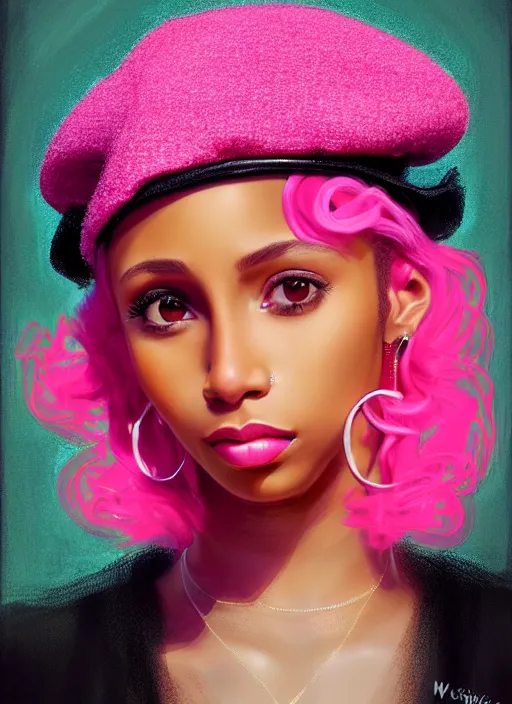 Image similar to portrait of young vanessa morgan with bright pink hair, black girl, vanessa morgan, curly pixie cut hair, wearing newsboy cap, newsboy cap, hoop earrings, intricate, elegant, glowing lights, highly detailed, digital painting, artstation, concept art, smooth, sharp focus, illustration, art by wlop, mars ravelo and greg rutkowski