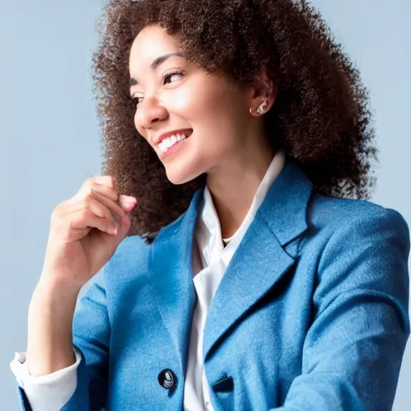 Image similar to portrait of 2 5 - year - old business woman oval face with angle 9 0 ° centred looking away breading fresh air, strong spirit and look between serious and happy, background soft blue