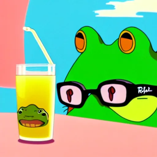 Image similar to studio ghibli frog sipping a hi - c juice box through a straw and wearing ray - ban wayfarers, ultra detail