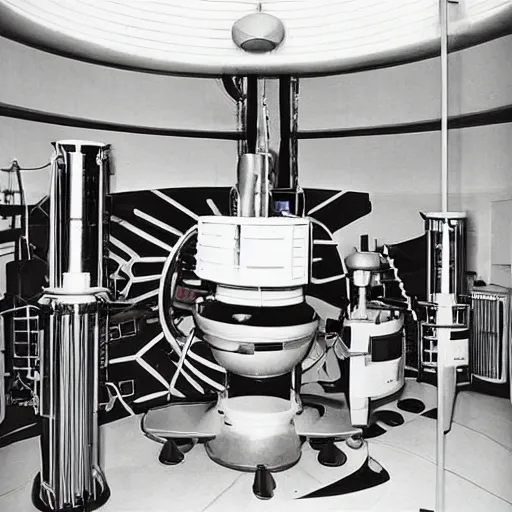 Image similar to interior of alien laboratory with strange device at the center of a room, bright colors, photo