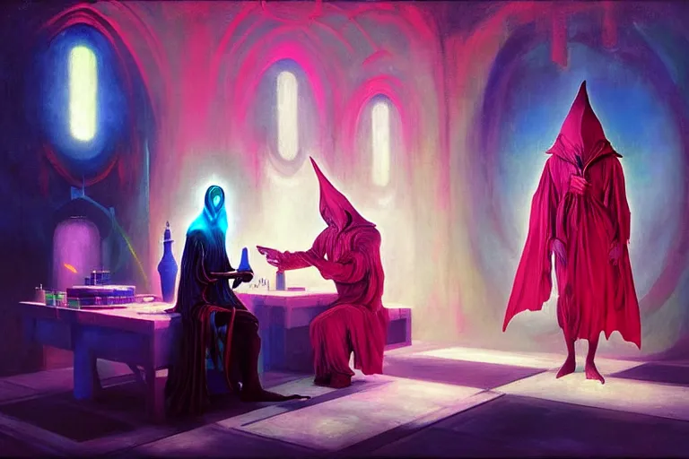 Prompt: a beautiful masterpiece painting of a technomancer wizard in robes with pointed hood discussing sentience with his synthesized AI djinn in his laboratory near a computer by Remedios Varo and Anato Finnstark and Greg Rutkowski, dayglo pink, dayglo blue, dazzle camouflage