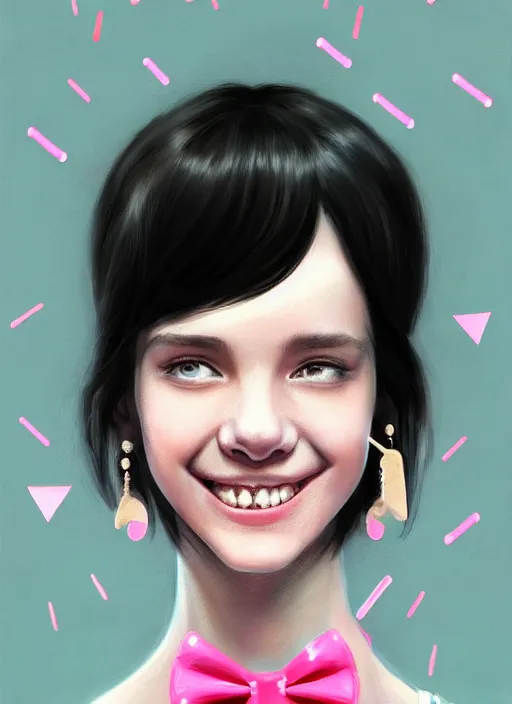 Image similar to portrait of high school girl, realistic, black hair, bangs, half updo hairstyle, pointy nose, skinny, smile, ugly, defined jawline, big chin, pink hair bow, earrings, intricate, elegant, glowing lights, highly detailed, digital painting, artstation, sharp focus, illustration, art by wlop, mars ravelo and greg rutkowski