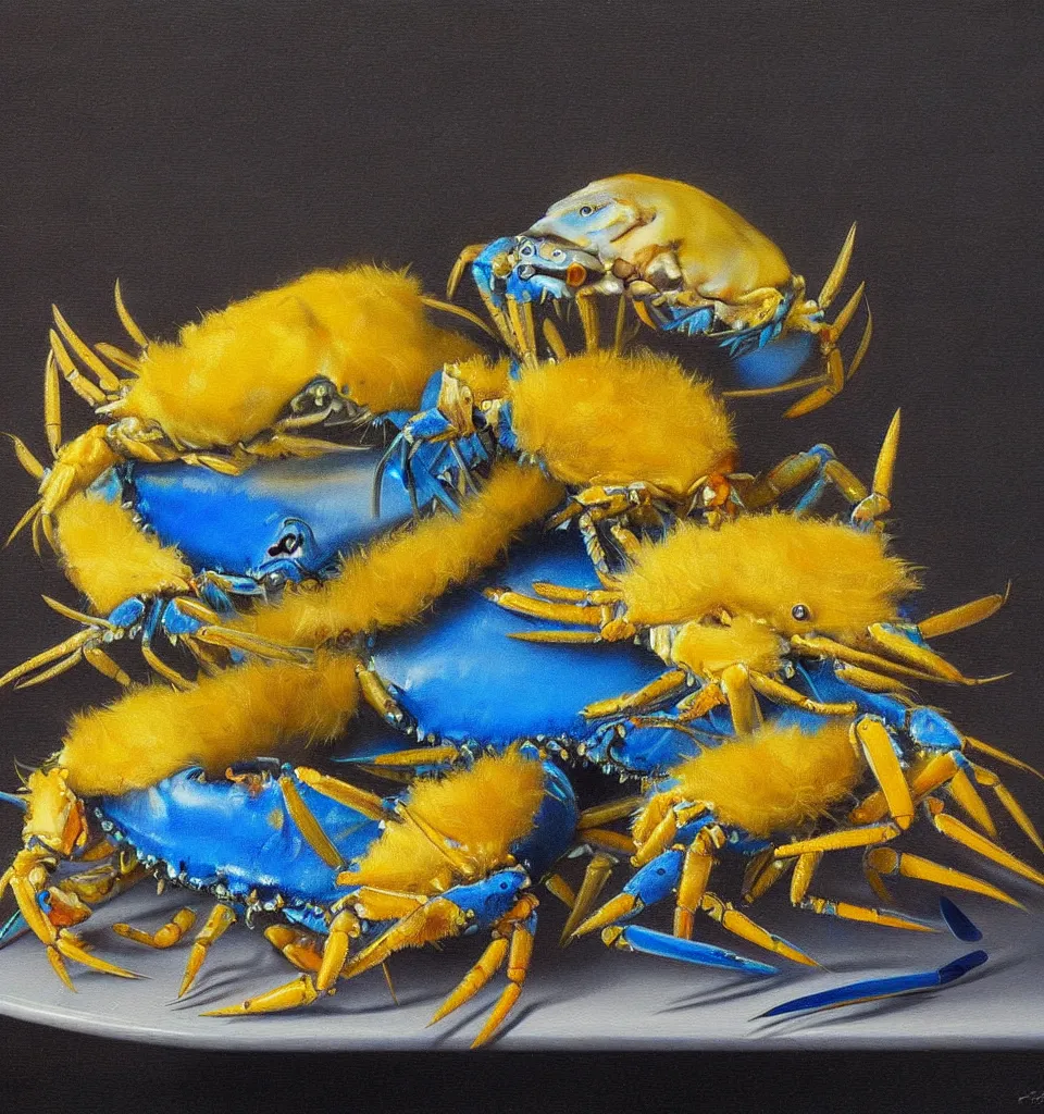 Image similar to still life painting of a blue fat fish crab lobster dancing with a yellow laughing duck rabbit on a white table, high contrast lighting, impressionism, real fur, real feather