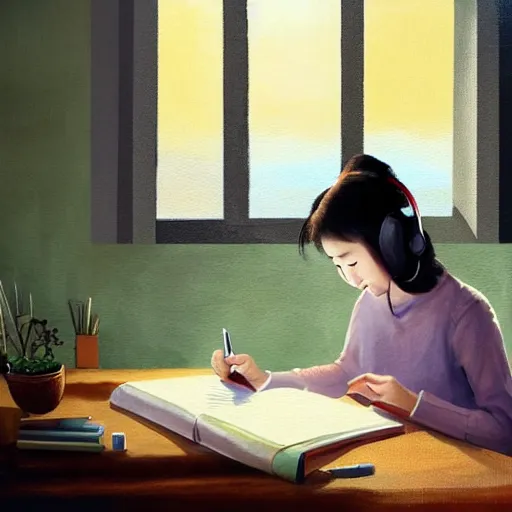 Image similar to A relaxed expressive painting of a Korean girl sat writing in a journal while wearing headphones illuminated by a desk lamp, in the background is a window overlooking a rainy city, with a cat resting on the window cill, a relaxed and dreamy atmosphere, highly detailed, 8K