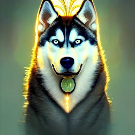 Image similar to beautiful detailed picture of a husky, radiant light, art nouveau, intricate, elegant, highly detailed, my rendition, digital painting, artstation, concept art, smooth, sharp focus, illustration, art by artgerm and greg rutkowski and alphonse mucha