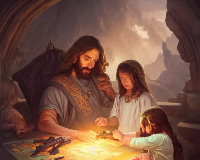 Image similar to photography of jesus christ teaching a child how to use a ak 4 7, d & d, fantasy, intricate, elegant, highly detailed, digital painting, artstation, concept art, matte, sharp focus, illustration, hearthstone, art by artgerm and greg rutkowski and alphonse mucha