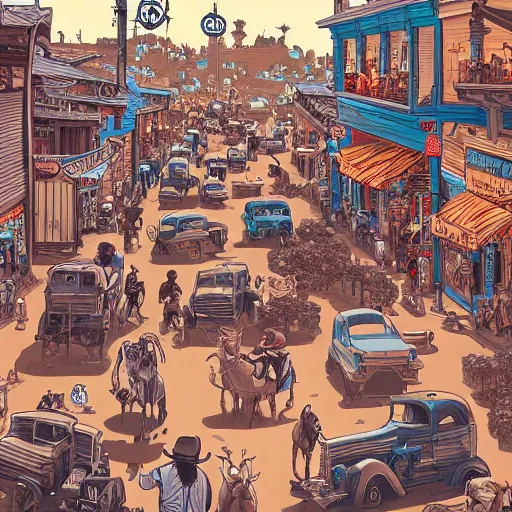 Image similar to old western town, extremely detailed, sharp focus, wide view, full body shot, smooth, digital illustration, by james jean, by rossdraws, frank franzzeta, sakimichan, mcbess