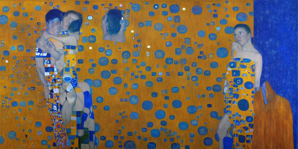 Prompt: modern art, pseudo figurative, klimt gustav, oil painting, klein blue