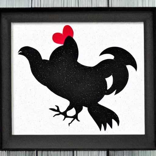 Image similar to a black chicken dotted with white hearts