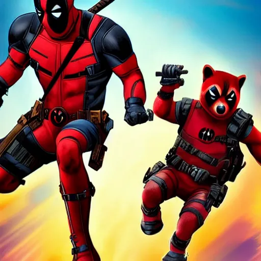 Image similar to deadpool and rocket raccoon together digital art 4 k detailed super realistic