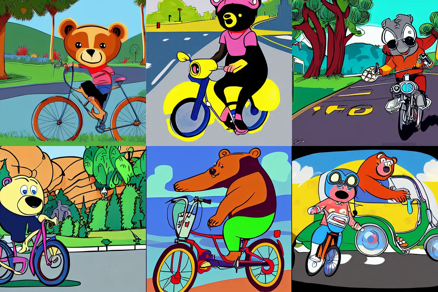 Prompt: bear driving a bike on a sunny day, Hanna Barbera illustration, digital art,