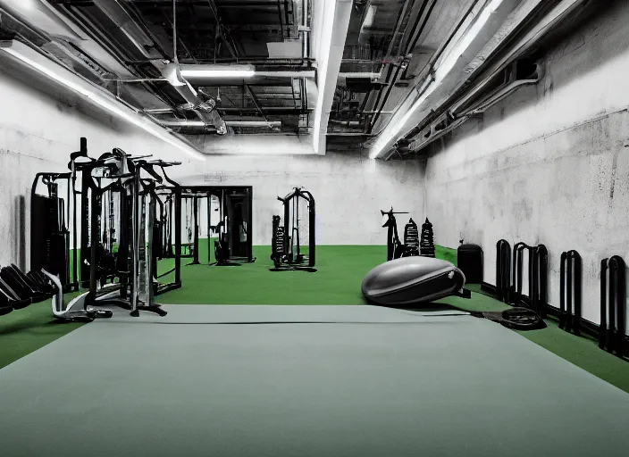 Image similar to photograph of a gym build on a bunker, cinematographic, sharp focus, elegant, green light