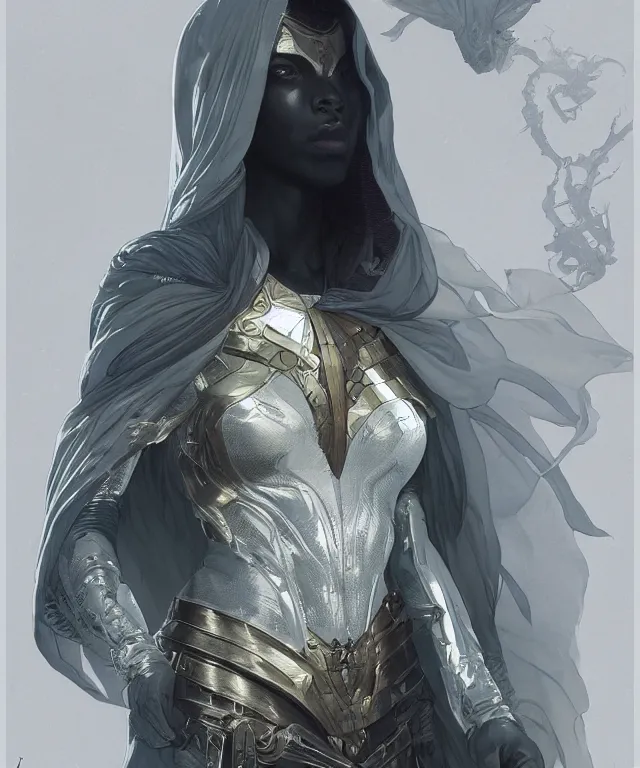 Image similar to female moon knight, hyper detailed, digital art, trending in artstation, cinematic lighting, studio quality, smooth render, unreal engine 5 rendered, octane rendered, art style by alphonse mucha and greg rutkowski and ian sprigger and nixeu