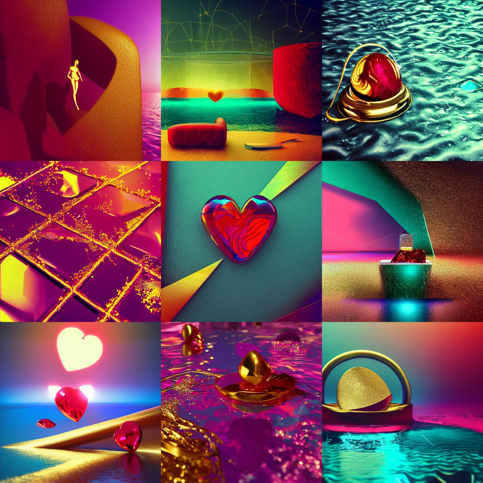 Prompt: vivid conceptual dream of resonating love, gold, ruby, glass, water, vaporwave, HDR, octane render, 8k, 4k