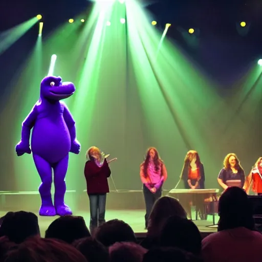 Image similar to Barney the Dinosaur from Barney and friends tv show leads a modern worship service, backlit, dramatic stage lighting, fog