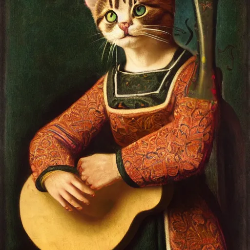 Image similar to cat with lute, flowers in the background, medieval portrait, colorful, medium shot