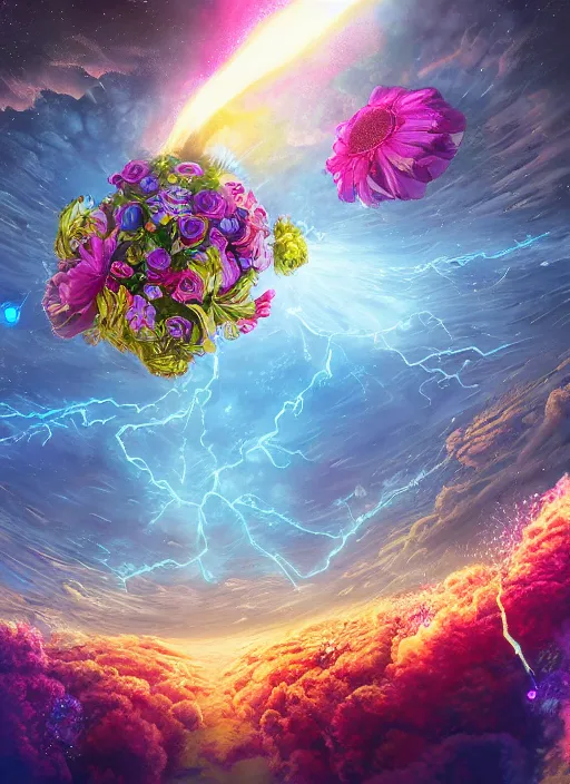 Prompt: An epic fantastic realism comic book style painting of the most beautiful entwined flowers launched across the galaxy, floating bouquets, fisheye, lightning creating life, unreal 5, DAZ, hyperrealistic, octane render, dynamic lighting