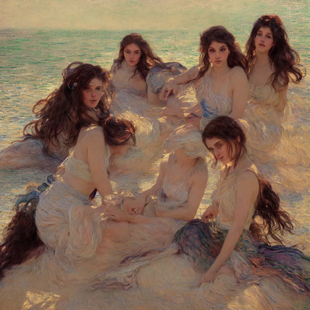 Image similar to illustration studio portrait of three beautiful girl in an artistic pose resting in the beach, monet painterly motives and textures pattern, hyper detailed, octane render, vivid colors, artstation, by jeremy mann, by alphonse mucha, by monet