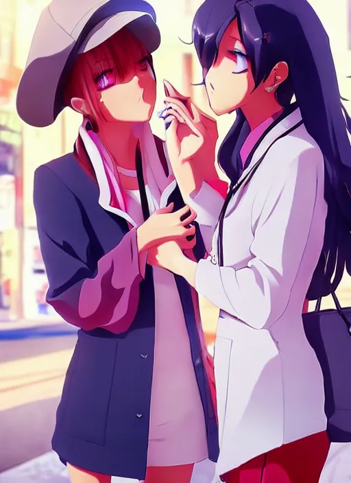 Prompt: two beautiful mothers talking on a street, fashionable street clothes, gorgeous faces, thick lines, cinematic lighting, detailed anime art