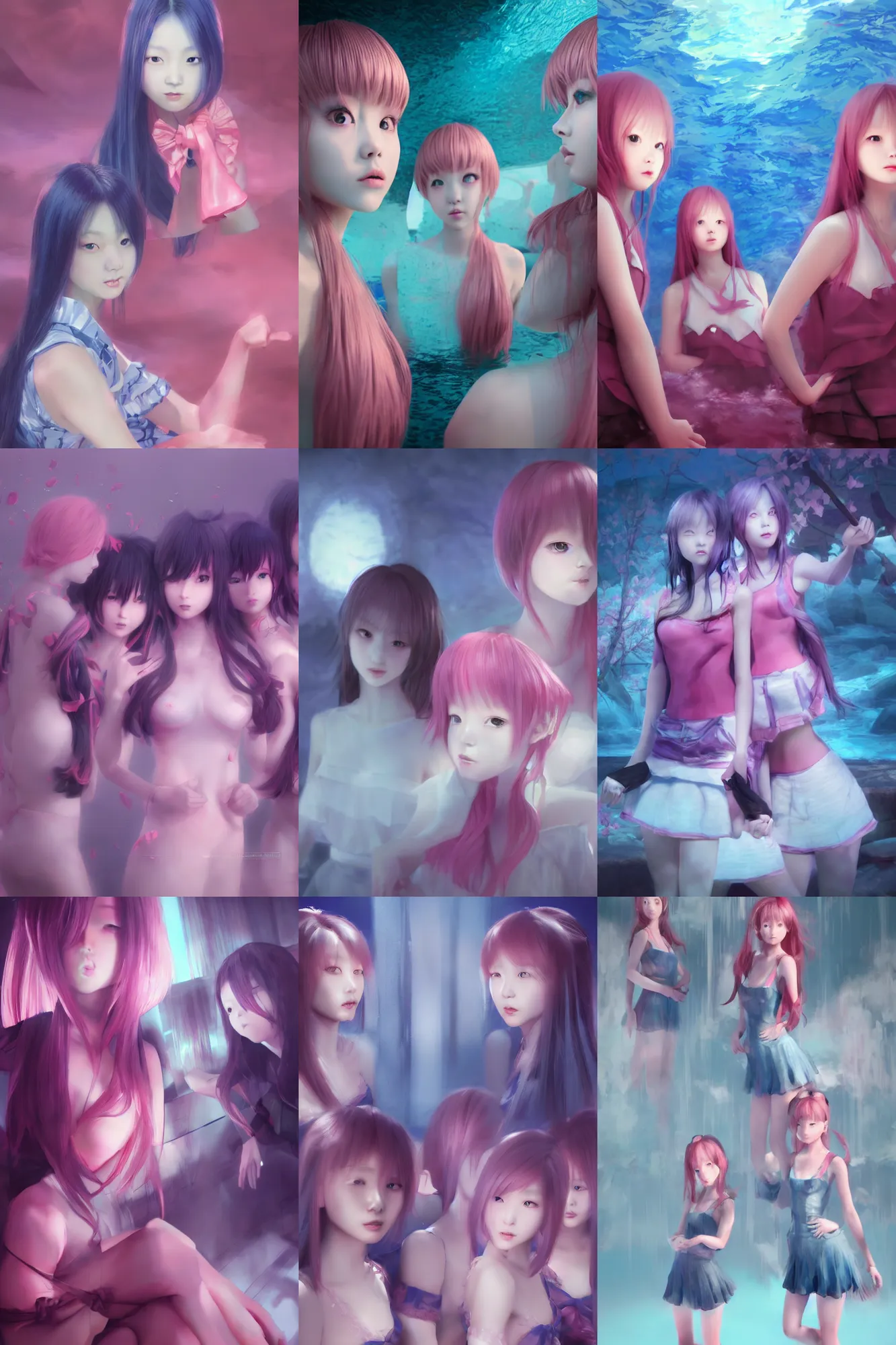 Image similar to 3d dark infrared octane render concept art by D. Jun, by Mo Xiang Tong Xiu, by Igarashi Daisuke, beauty portrait anime schoolgirls under dark pink and blue water. cute face. complex mirror room. dramatic light, trending on artstation.