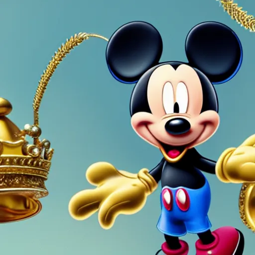 Image similar to Mickey Mouse with a diamond jeweled crown with a golden crown, photo-realistic, highly detailed, 8k, in the art style of Filip Hodas, 8k