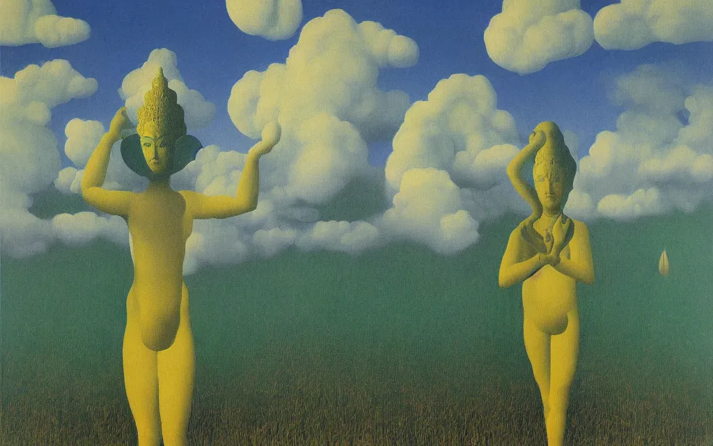 Prompt: hindu god in golden meadow, detailed painting by rene magritte