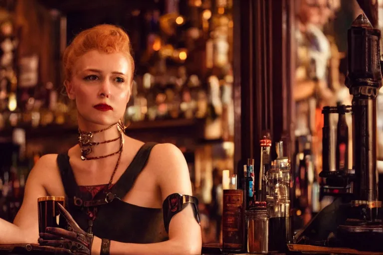 Prompt: cinematography of a beautiful cyborg woman in a vintage western bar alone asking for a drink by Emmanuel Lubezki