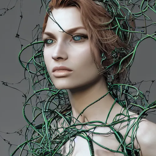 Prompt: a highly detailed digital image of a futuristic woman shattered and beautifully entangled in vines, by Andrew Chiampo, artstation, and Frederik Heyman, extremely detailed woman, stunning volumetric lighting, hyperrealism, fantasy. 4k