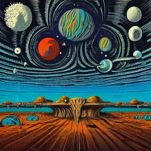 Image similar to alien planet landscape with bizarre buildings and Lifeforms. Jeffrey Smith, Stanley Donwood