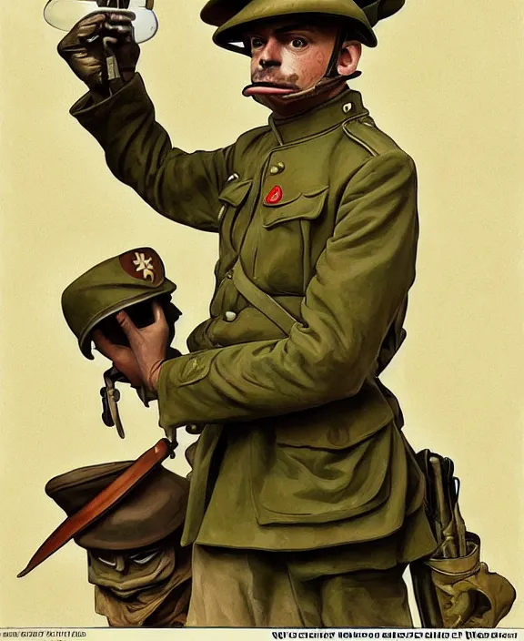 Image similar to Pepe the Frog in WW1 military uniform, Safari khaki, pith helmet, Schutztruppe, German Empire, WW1, Tooth Wu Artgerm Greg Rutkowski Alphonse Mucha Beeple