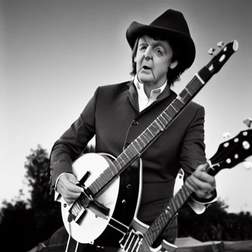 Prompt: Paul McCartney wearing a cowboy hat and playing the banjo, 8k, high definition, highly detailed, photo-realistic