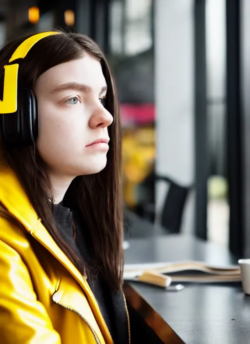 Image similar to young adult woman in a coffee shop wearing bright yellow headphones and a leather jacket looking unamused, natural light, unreal engine