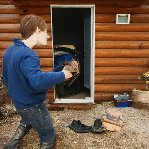 Image similar to photo of a person locked in a cabin with a madman outside, trying to get in with a metal pickup truck outside.