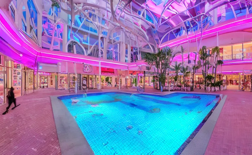 Image similar to an indoor mall with palm trees and pools, pink and blue lighting, everything floats in space