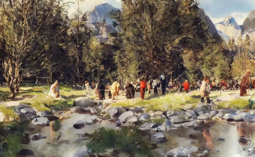 Prompt: oil painting lanscape by anders zorn, nature, fruit trees, very very very very beautiful art, dramatic light, water reflections, tall rocky mountains, police making arrests, detaining people, cop cars, sirens