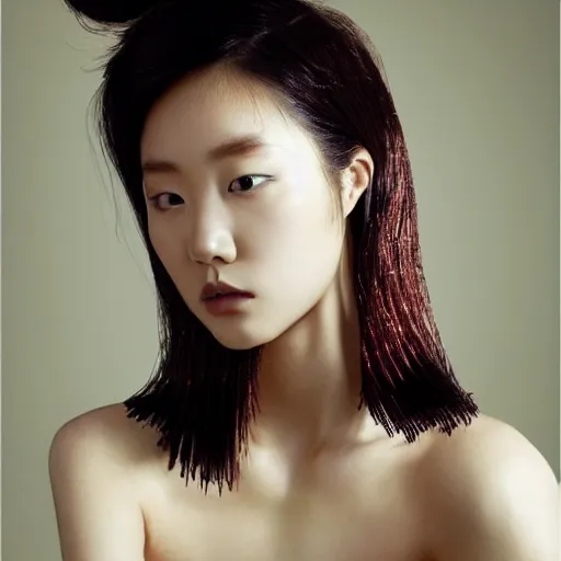 Image similar to a beautiful young female korean model wearing a hairsculpture made of hair and gold string, photoshot by erwin olaf