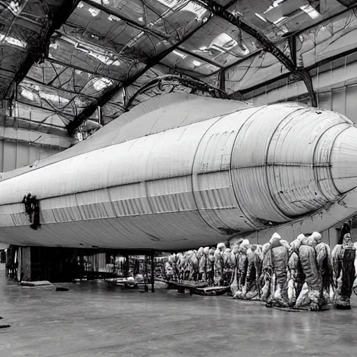 Image similar to dismantled ufo spaceship in hanger with people in hazmat suits standing around, grainy, vintage photo, sepia, old photo, realistic, detailed,