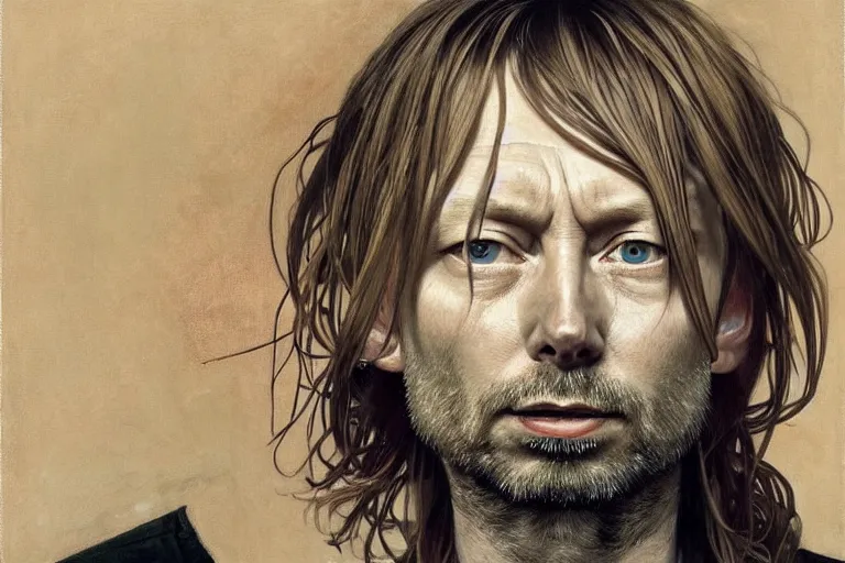 Image similar to hyper realistic portrait of thom yorke mixed with kurt cobain, bigger forehead, bigger chin, from the side, by lee bermejo, alphonse mucha and greg rutkowski
