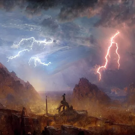 Image similar to a man with short blonde hair shooting lightning bolts at his enemy in battle. detailed matte painting. masterpiece. 4 k. fantasy art. by gaston bussiere. derek zabrocki. craig mullins