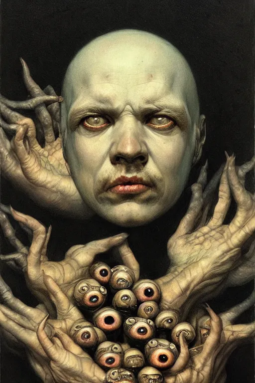 Image similar to portrait of a jar of eyeballs in the style of wayne barlowe, gustav moreau, goward, bussiere, roberto ferri, santiago caruso, luis ricardo falero, austin osman spare