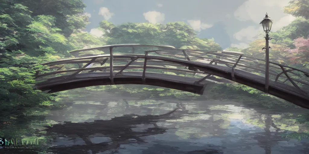 Image similar to a footbridge, cinematic angle, studio Ghibli, cinematic lighting, digital art, detailed oil painting, hyperrealistic, 8k