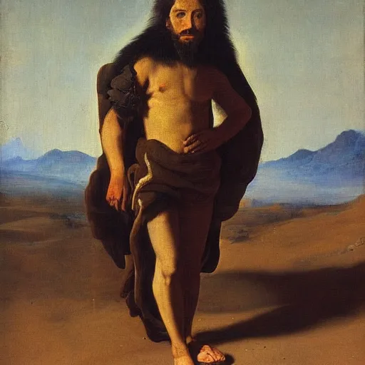 Prompt: Somewhere in sands of the desert, a shape with lion body and the head of a man, a gaze blank and pityless as the sun, is moving its slow thighs, painted by Diego Velazquez