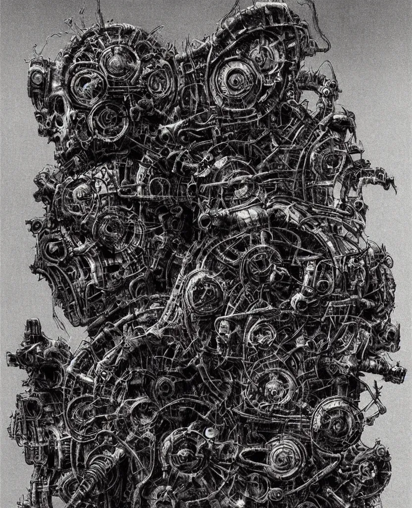 Prompt: Ghost machine ghostbusters neon glow creepy frightening eerie gothic mysterious , Beksinski, Greg Hildebrandt, 8k highly detailed ❤️‍🔥 🔥 💀 🤖 🚀 mechanism gears motor hardware haunting spirit skull