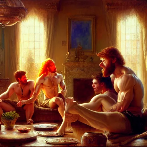 Image similar to attractive muscular mike with ginger hair with attractive tyler with brunet hair, drinking their hearts out, in their noble mansion. image defined to the maximum, highly detailed painting by gaston bussiere, craig mullins 8 k