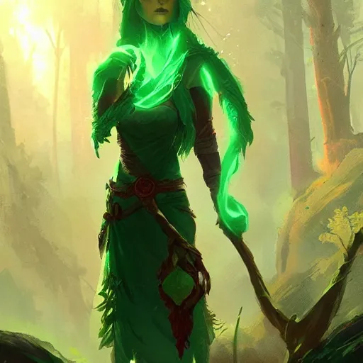 Prompt: a beautiful elf Druid girl with red hair and glowing green eyes , trending on ArtStation , concept art by greg rutkowski
