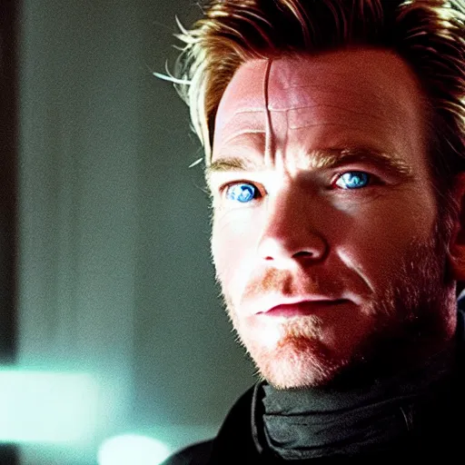 Image similar to film still of ewan mcgregor as a force ghost, star wars, blue ghost, transparent, epic lighting, highley detailled, kodak film