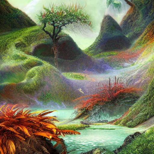 Image similar to digital painting of a lush wet natural scene on an alien planet by gerald brom. digital render. detailed. beautiful landscape. colourful weird vegetation.